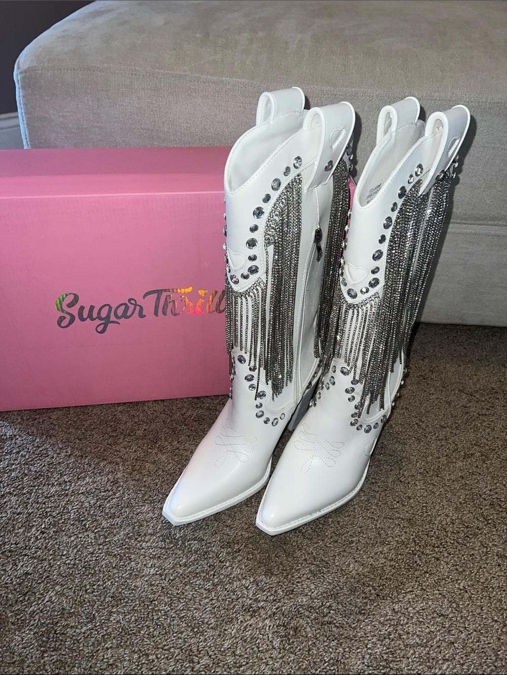 Sugar Thrillz White Western Fringe Boots with Silver Chain Tassels